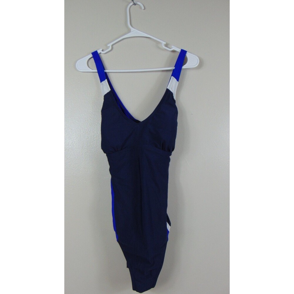 Lands End Sport One Pice Bathingsuit Womens Size 12 Black White Blue Beach